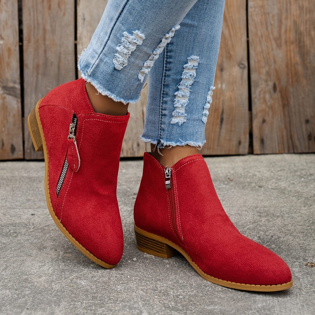 Women's Zip-Up Smooth Fabric Ankle Boots with Low Stacked Heel