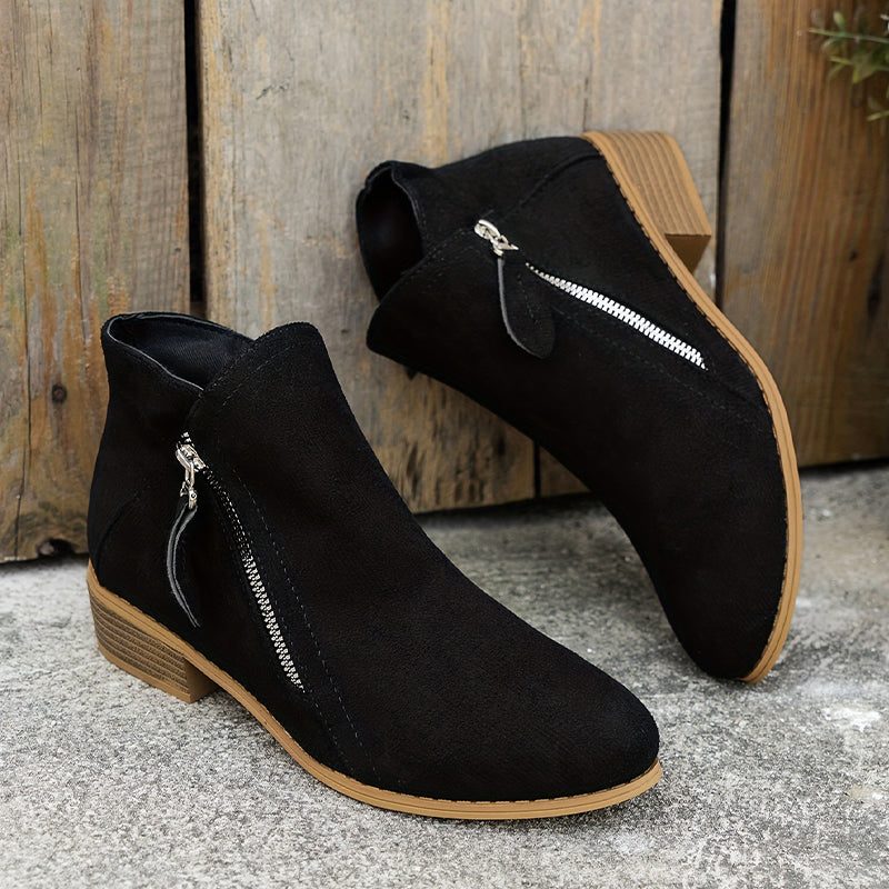 Women's Zip-Up Smooth Fabric Ankle Boots with Low Stacked Heel