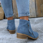 Women's Zip-Up Smooth Fabric Ankle Boots with Low Stacked Heel