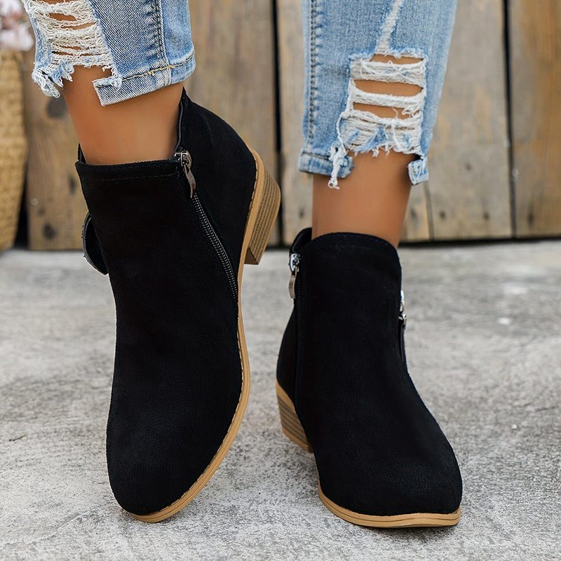 Women's Zip-Up Smooth Fabric Ankle Boots with Low Stacked Heel