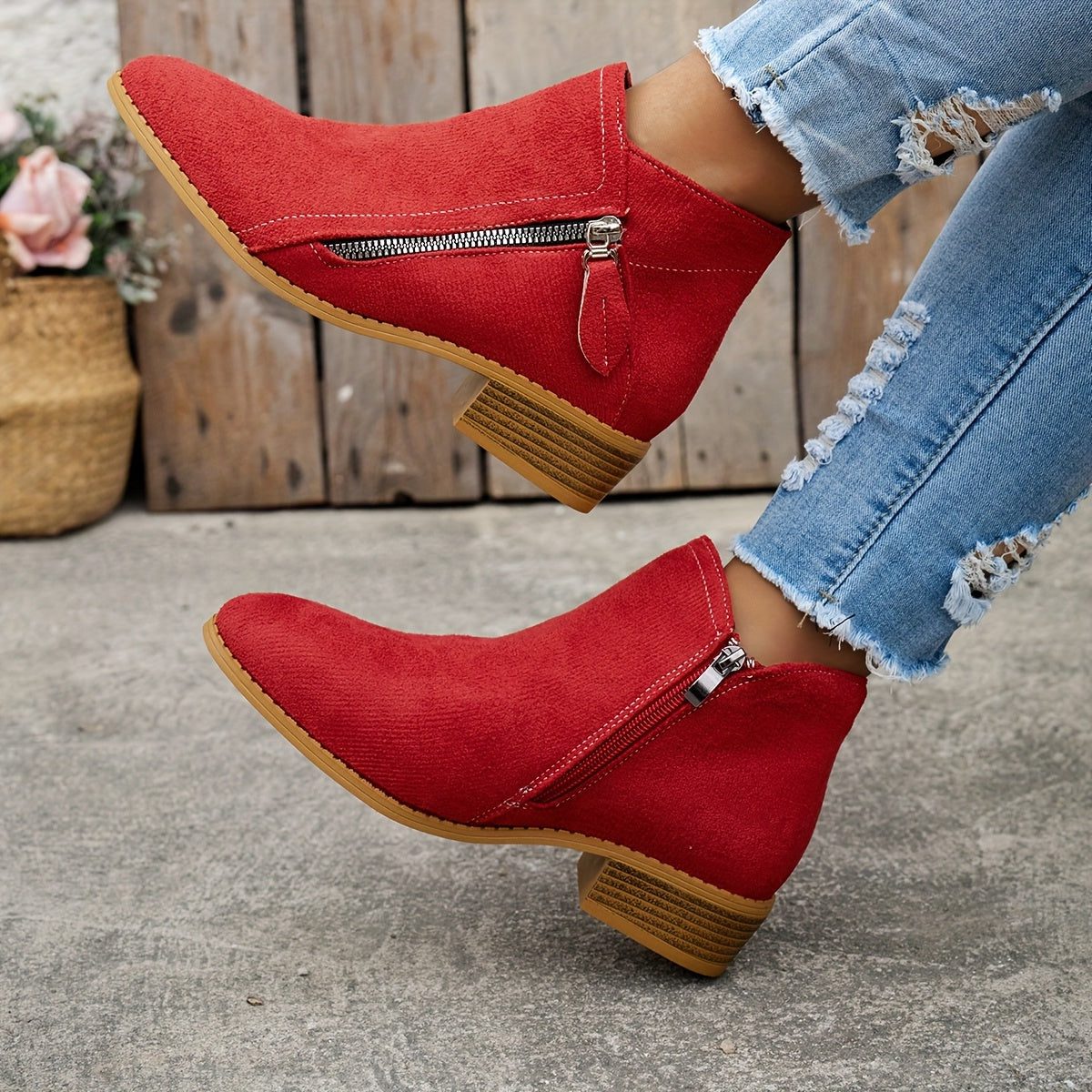 Women's Zip-Up Smooth Fabric Ankle Boots with Low Stacked Heel