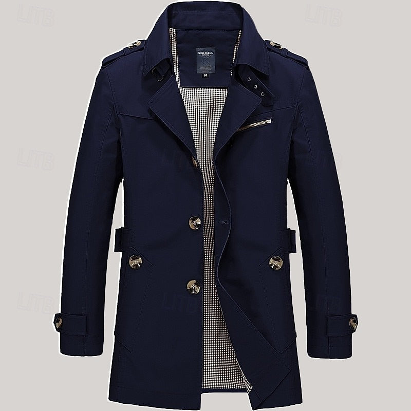 Men's Single-Row Button Trench Coat with Generous Front Pockets