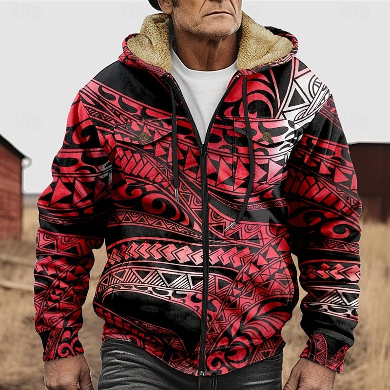 Men's All-Over Print Relaxed Hooded Jacket with Soft Lining - Red
