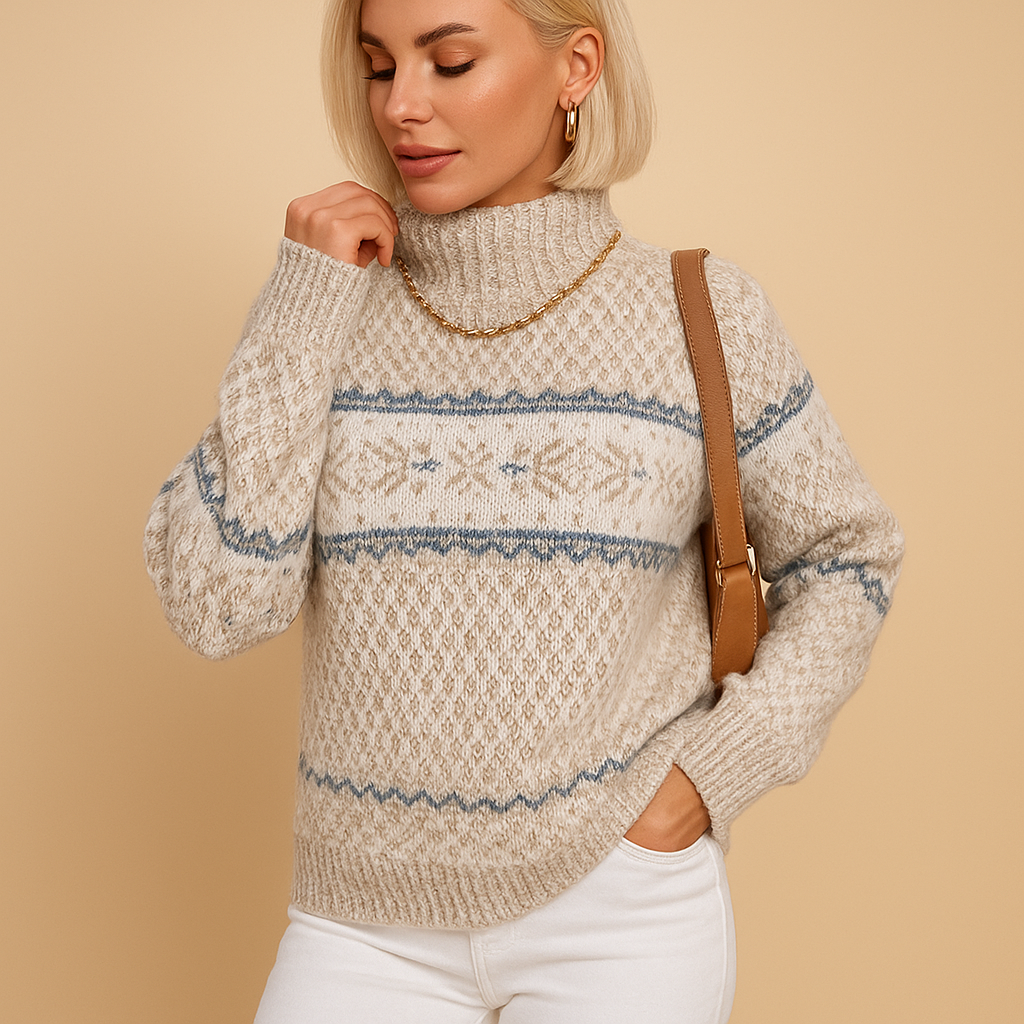Women's Seasonal Print Wool-Blend High Neck Jumper - Beige