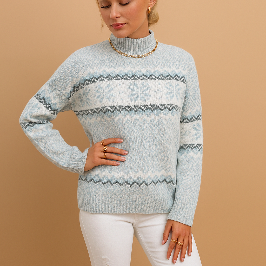 Women's Seasonal Print Wool-Blend High Neck Jumper - Light Blue