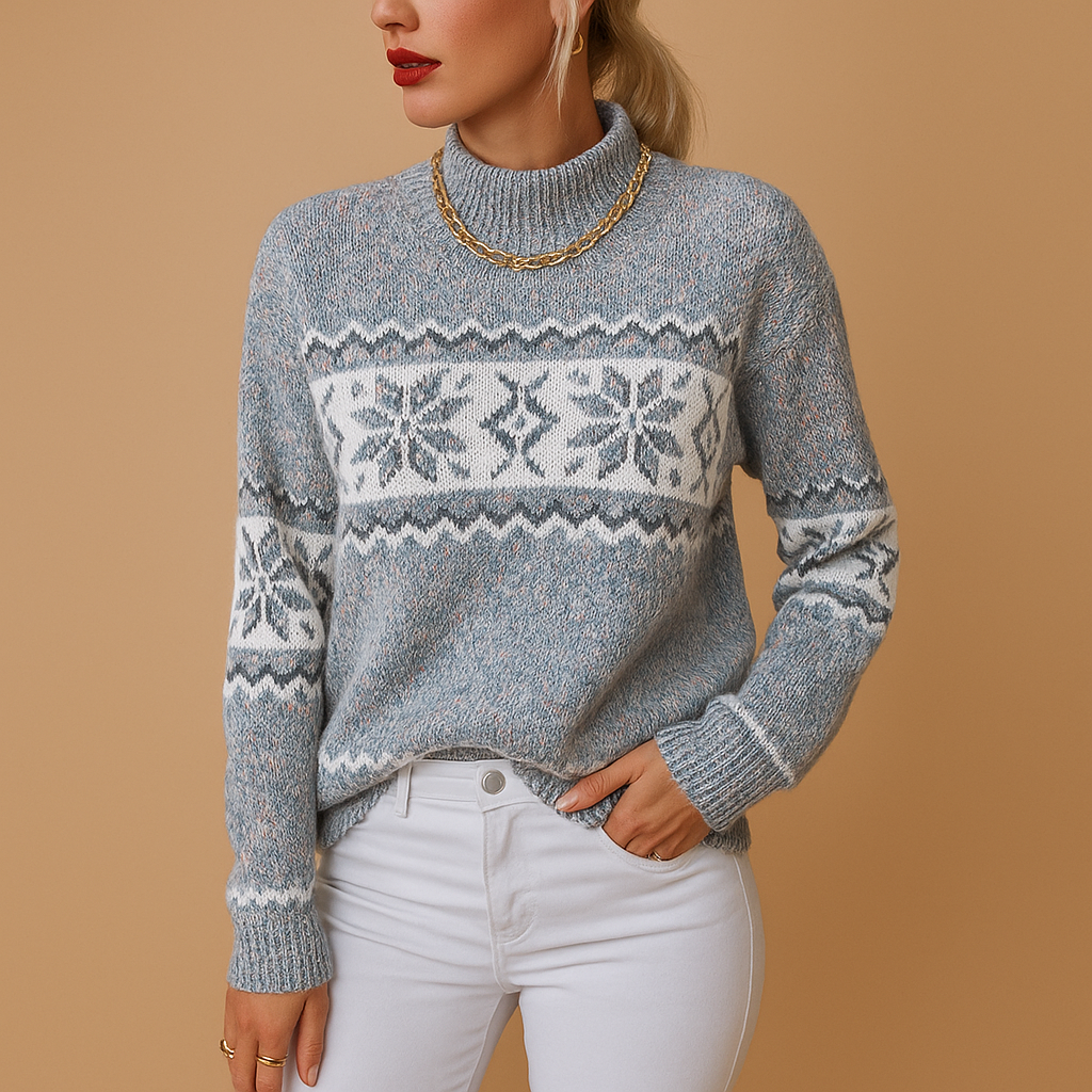 Women's Seasonal Print Wool-Blend High Neck Jumper - Blue