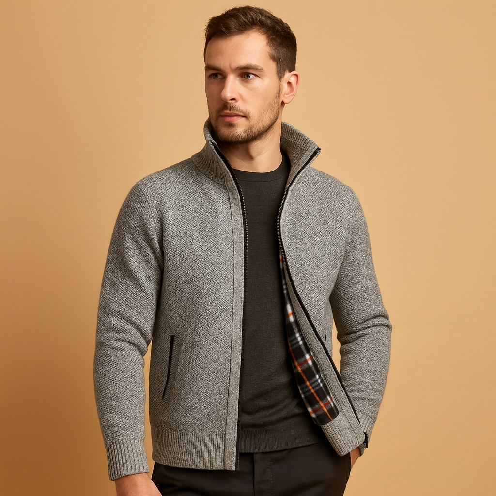 Men's Lined Textured Knit Cardigan with Full-Length Zip - Light Grey