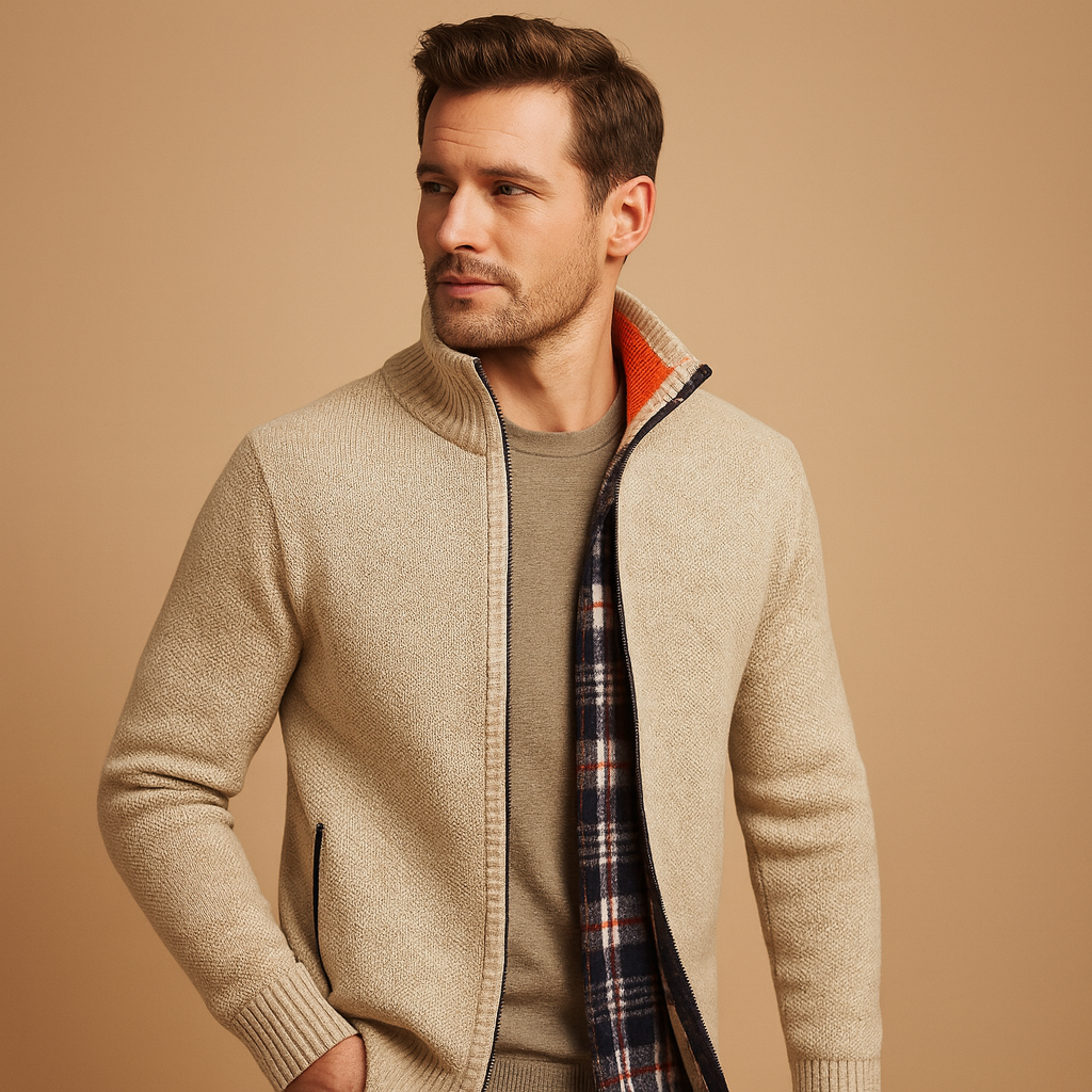 Men's Lined Textured Knit Cardigan with Full-Length Zip - Beige