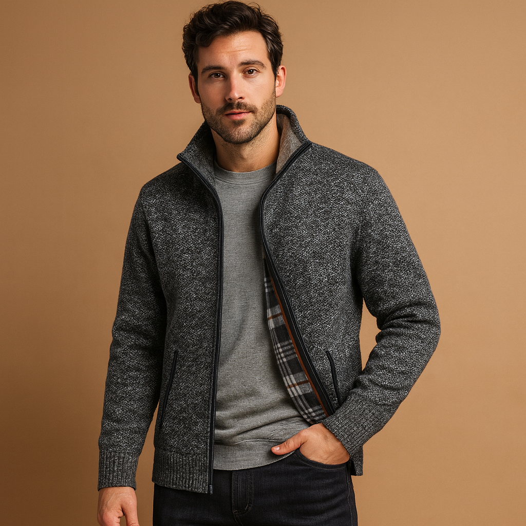 Men's Lined Textured Knit Cardigan with Full-Length Zip - Dark Grey