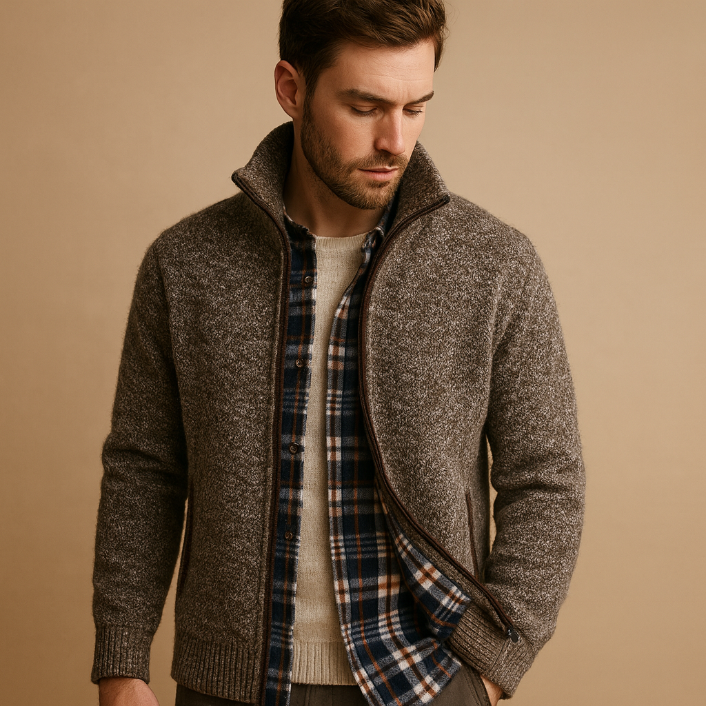 Men's Lined Textured Knit Cardigan with Full-Length Zip - Taupe