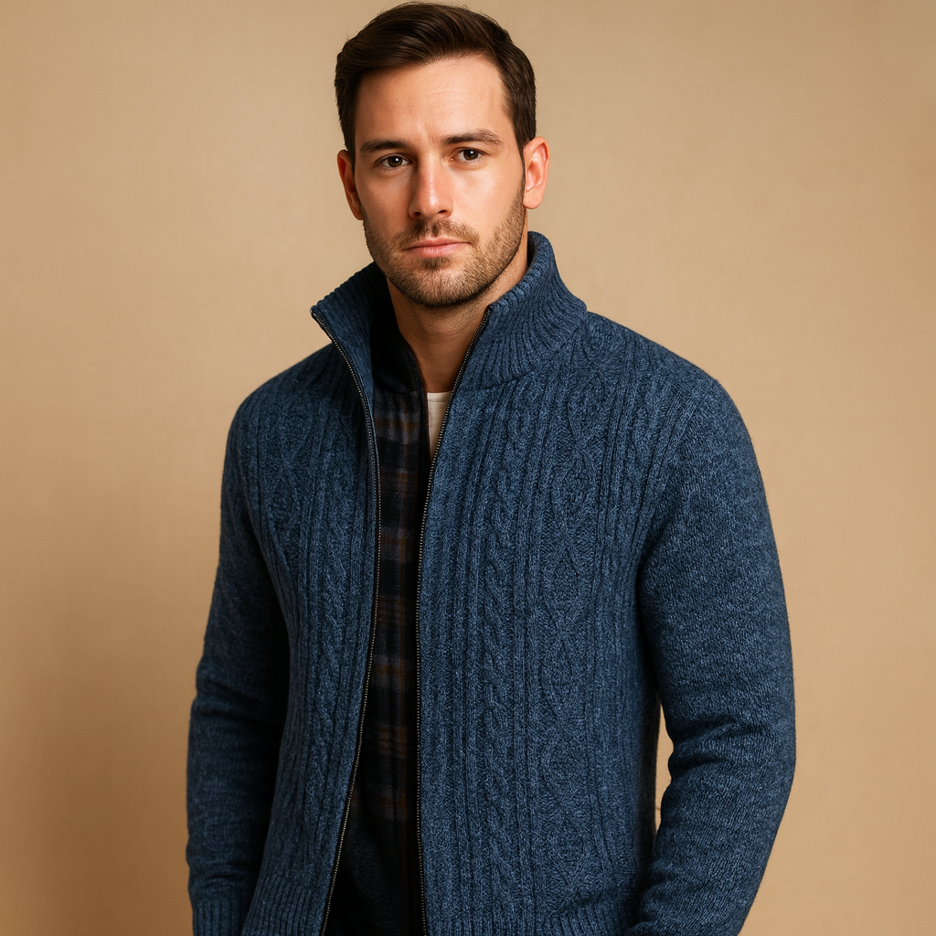 Men's Lined Textured Knit Cardigan with Full-Length Zip - Dark Blue