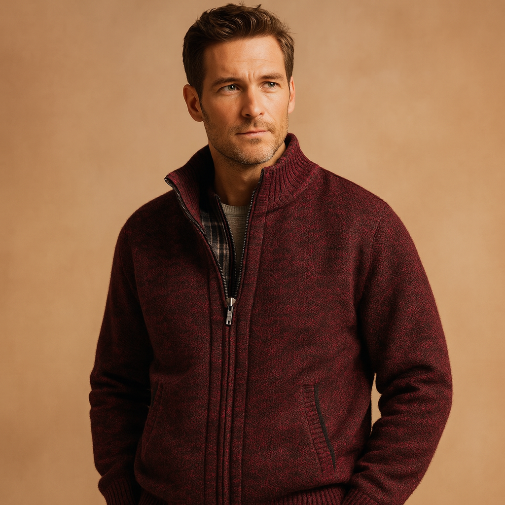 Men's Lined Textured Knit Cardigan with Full-Length Zip - Wine Red