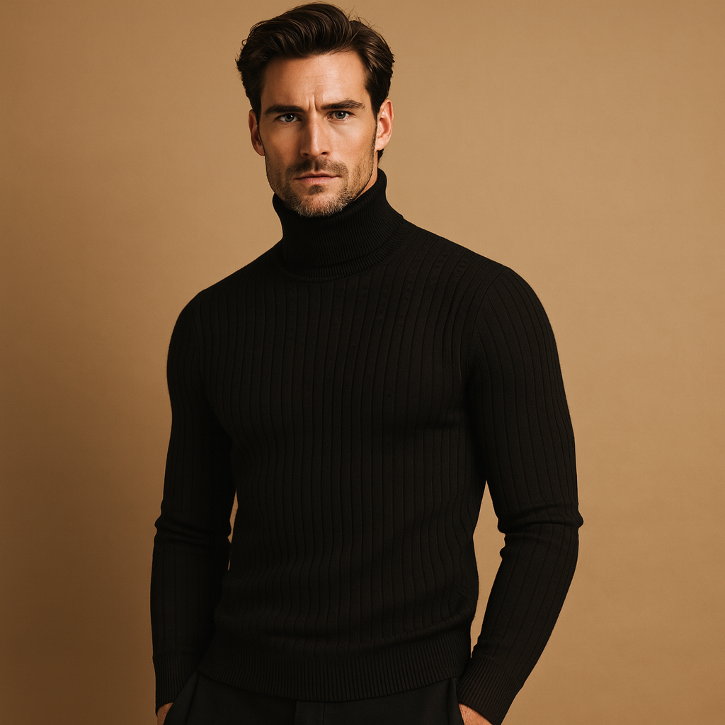 Men's Bulk-Free Soft Rib Roll Neck Jumper - Black