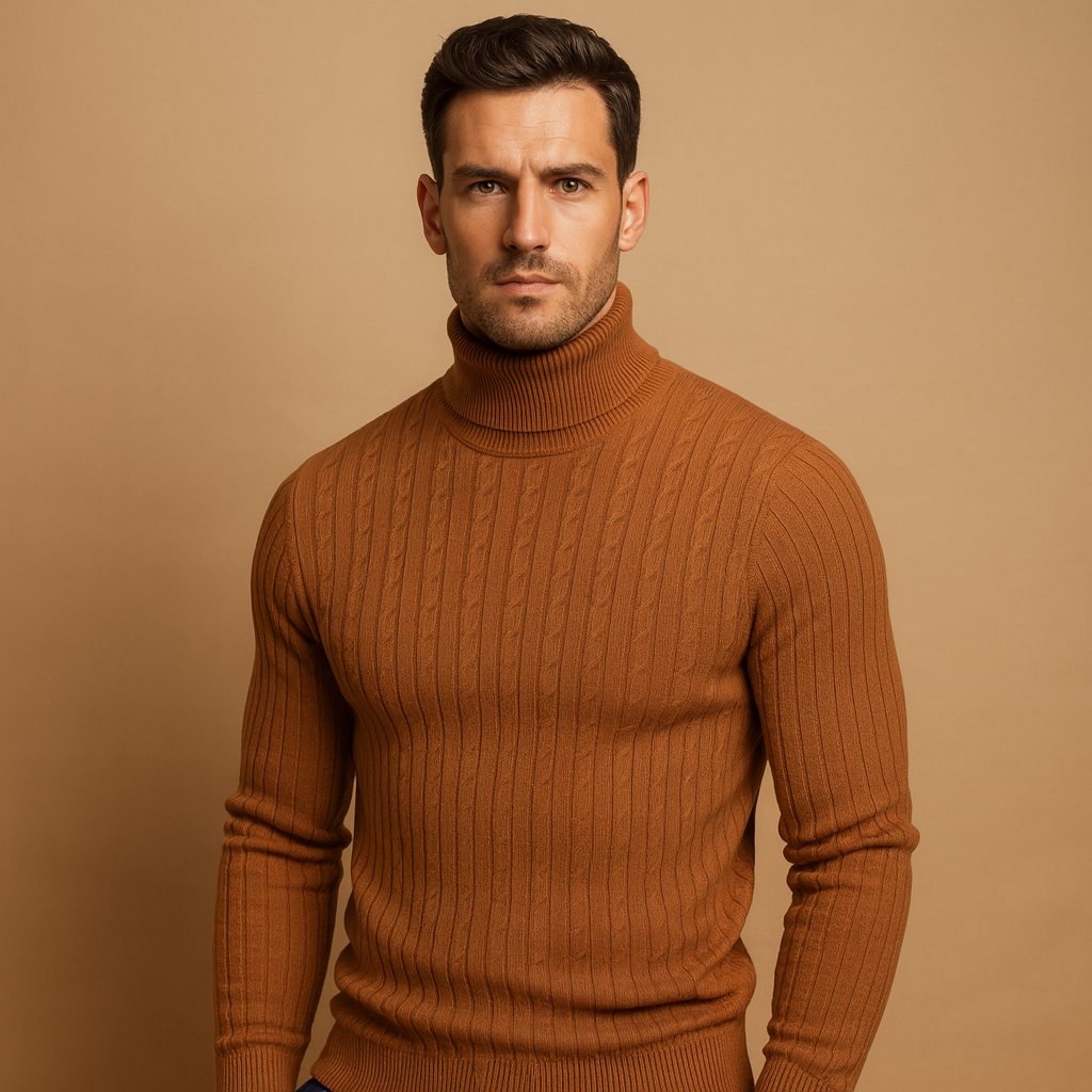 Men's Bulk-Free Soft Rib Roll Neck Jumper - Brown