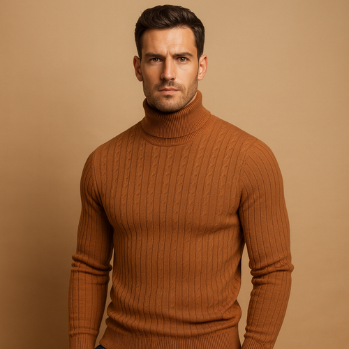 Men's Bulk-Free Soft Rib Roll Neck Jumper - Brown