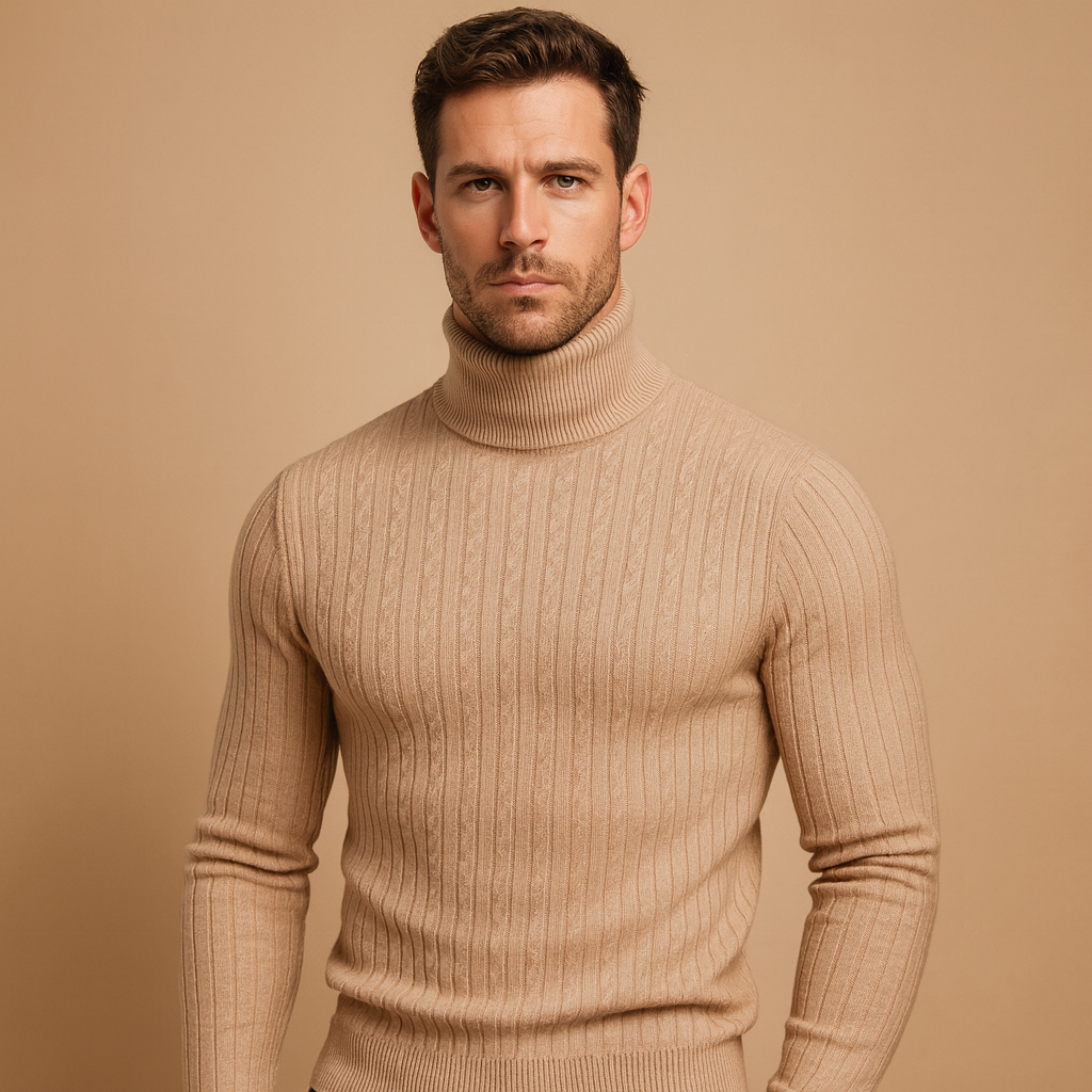 Men's Bulk-Free Soft Rib Roll Neck Jumper - Khaki