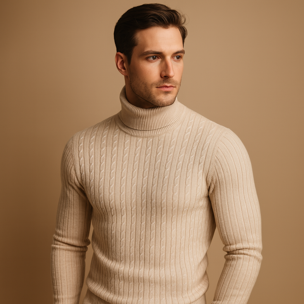 Men's Bulk-Free Soft Rib Roll Neck Jumper - Beige