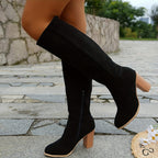 Women's Suede Cowboy Boots with Stacked Heel and Side Zip