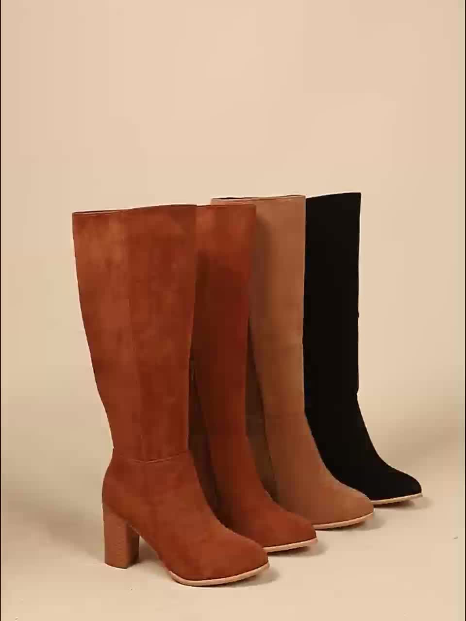 Women's Suede Cowboy Boots with Stacked Heel and Side Zip