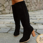 Women's Suede Cowboy Boots with Stacked Heel and Side Zip - Black