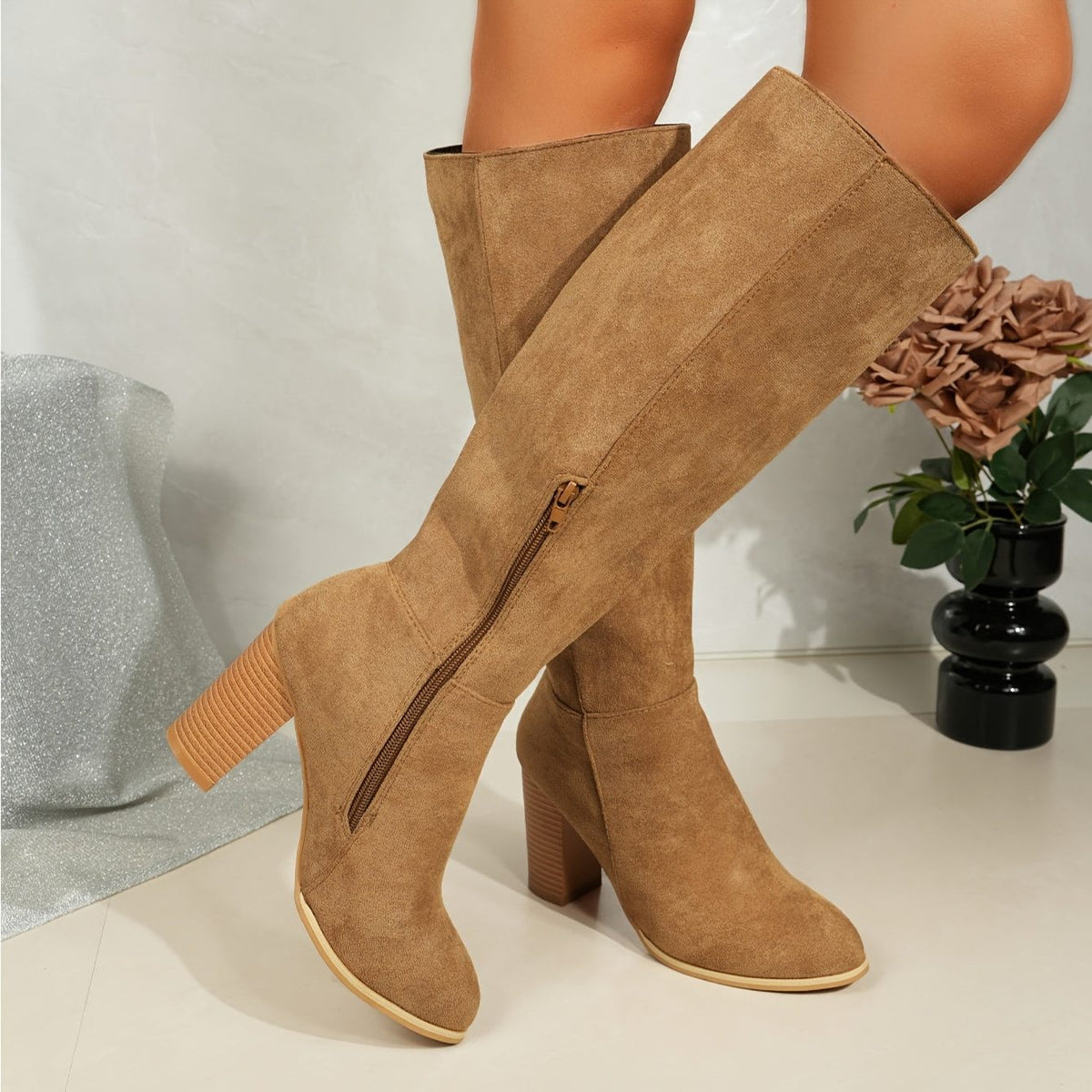 Women's Suede Cowboy Boots with Stacked Heel and Side Zip