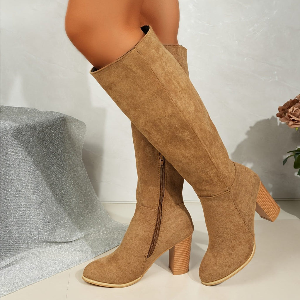 Women's Suede Cowboy Boots with Stacked Heel and Side Zip