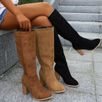 Women's Suede Cowboy Boots with Stacked Heel and Side Zip