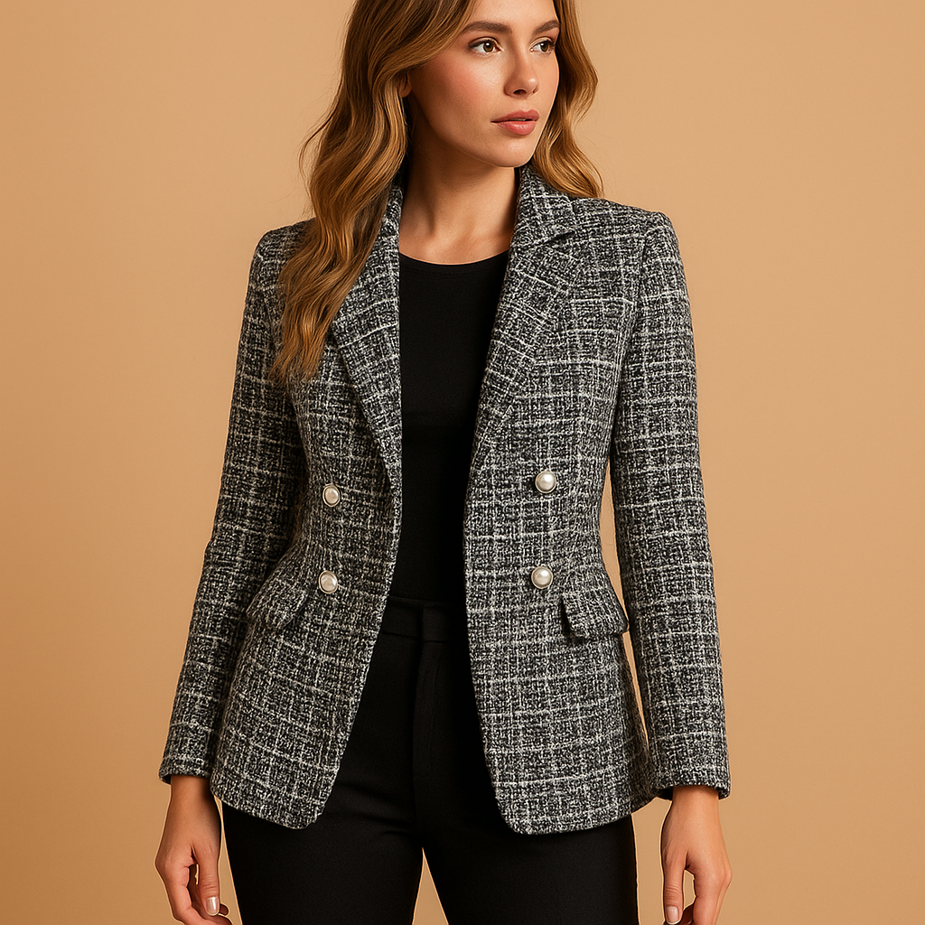 Women's Printed Sharp-Shoulder Double-Breasted Blazer - Black