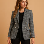 Women's Printed Sharp-Shoulder Double-Breasted Blazer - Black