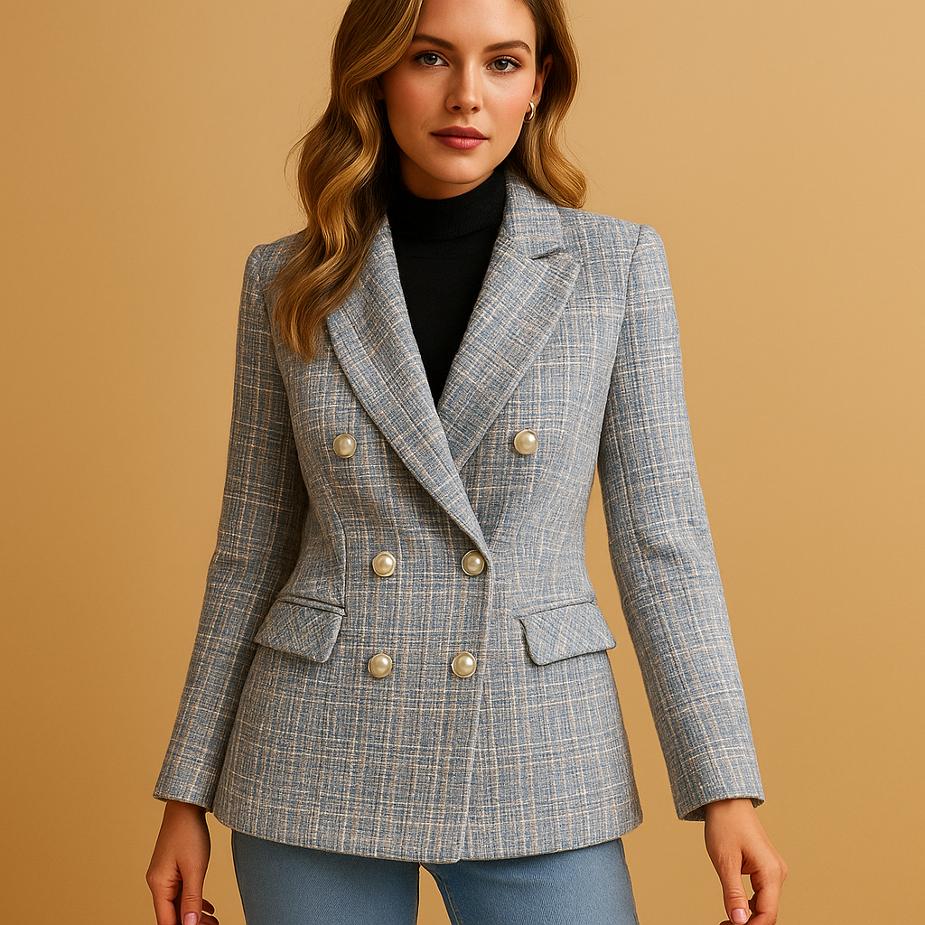 Women's Printed Sharp-Shoulder Double-Breasted Blazer - Light Blue