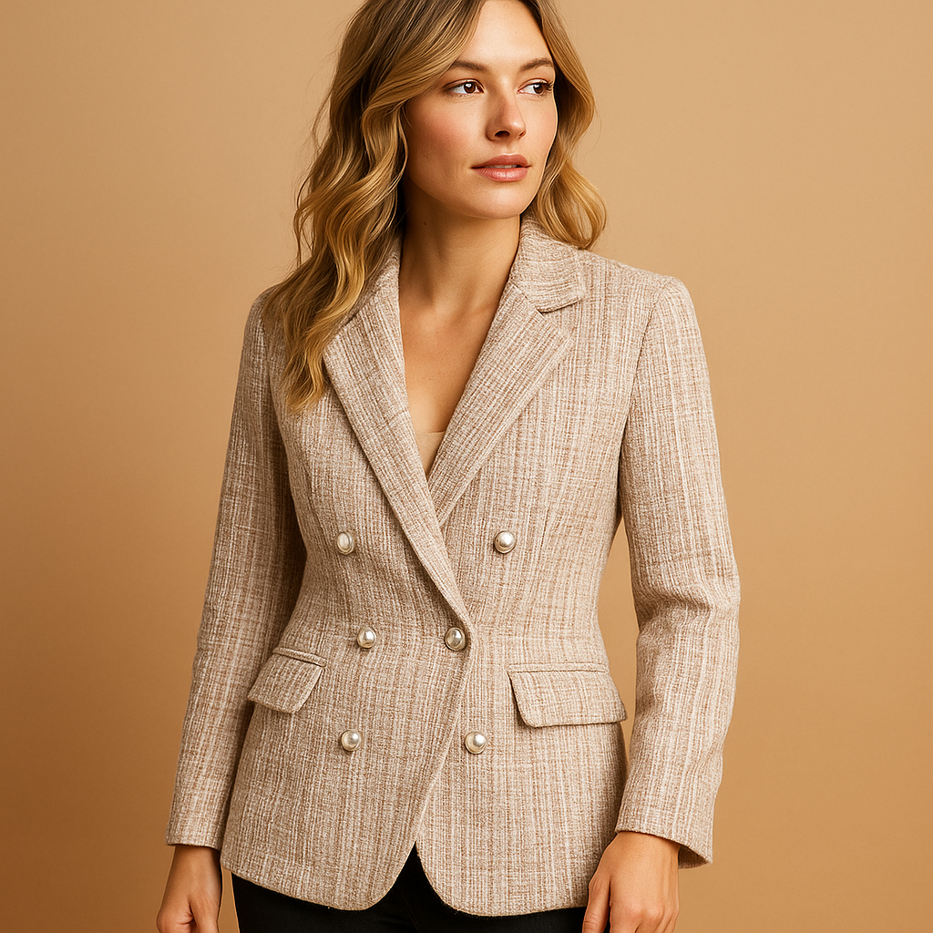 Women's Printed Sharp-Shoulder Double-Breasted Blazer - Beige