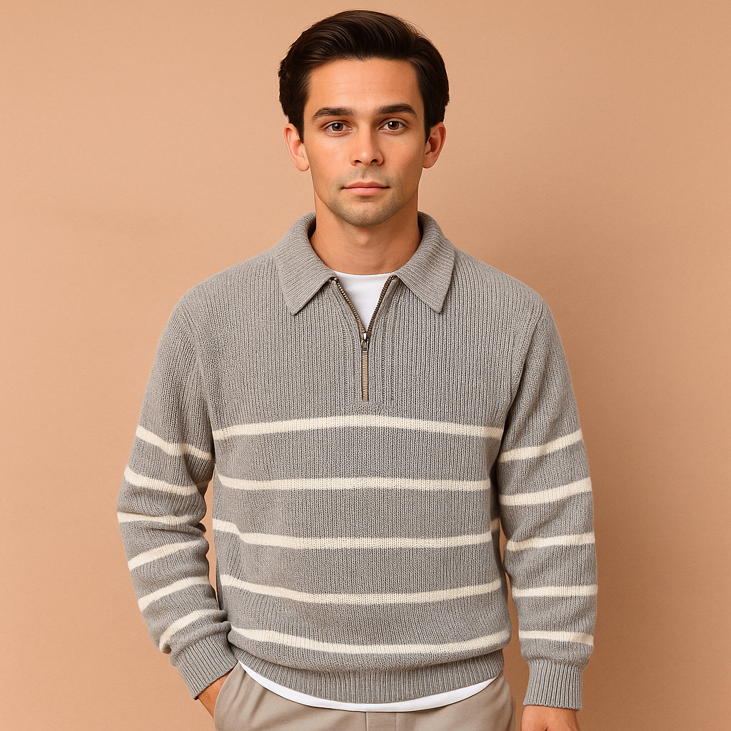 Men's Smart-Casual Print Knit Jumper with Zip Collar - Grey