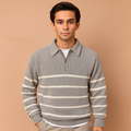 Men's Smart-Casual Print Knit Jumper with Zip Collar - Grey
