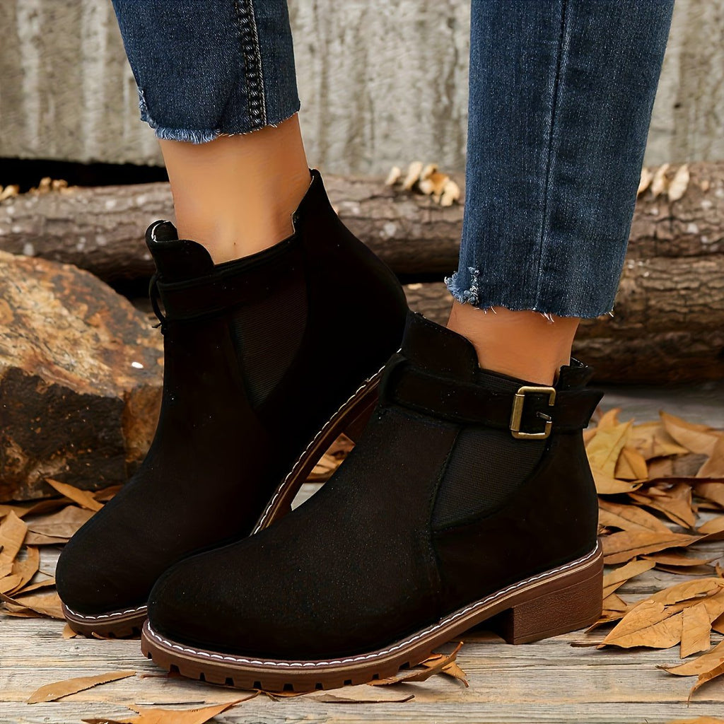 Women's Round-Toe Slip-On Chelsea Boots with Deep-Tread Sole - Black