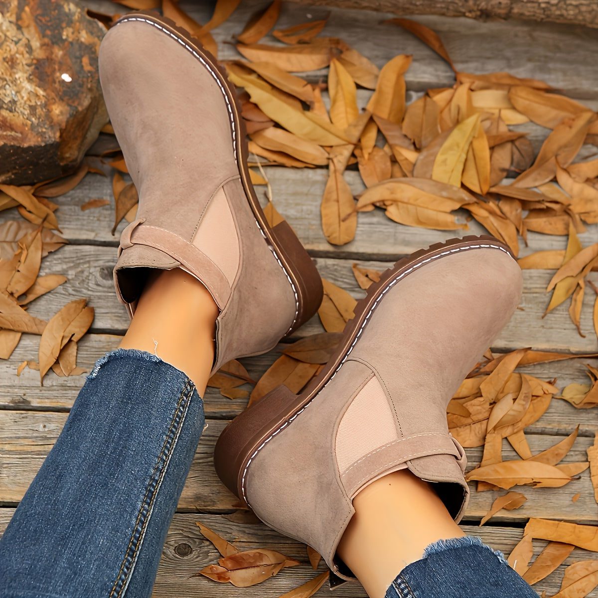 Women's Round-Toe Slip-On Chelsea Boots with Deep-Tread Sole - Light Pink