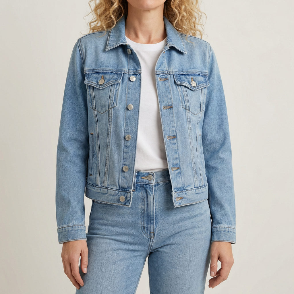 Women's Everyday Cropped Denim Jacket with Buttoned Chest Pockets - Blue
