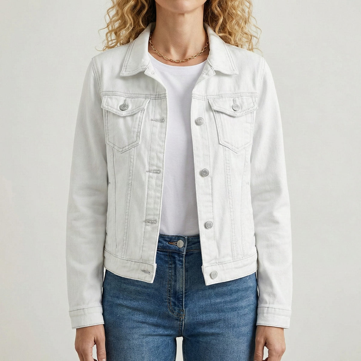 Women's Everyday Cropped Denim Jacket with Buttoned Chest Pockets - White