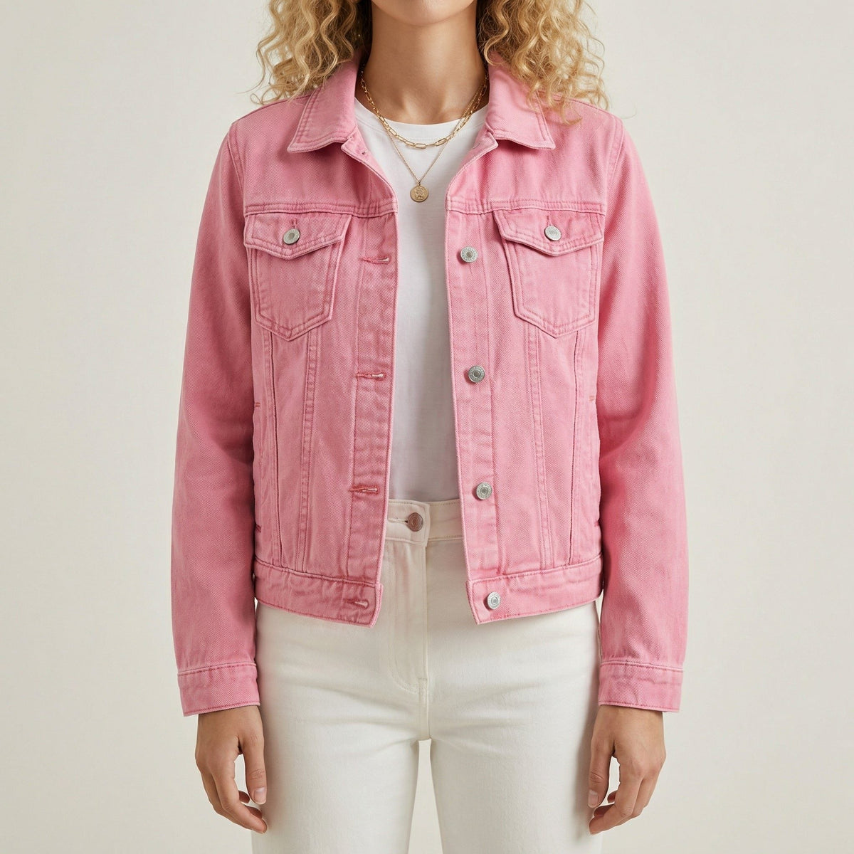 Women's Everyday Cropped Denim Jacket with Buttoned Chest Pockets - Pink