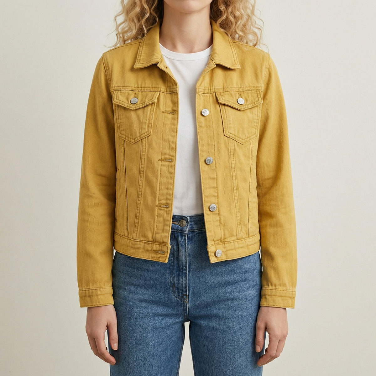 Women's Everyday Cropped Denim Jacket with Buttoned Chest Pockets - Yellow