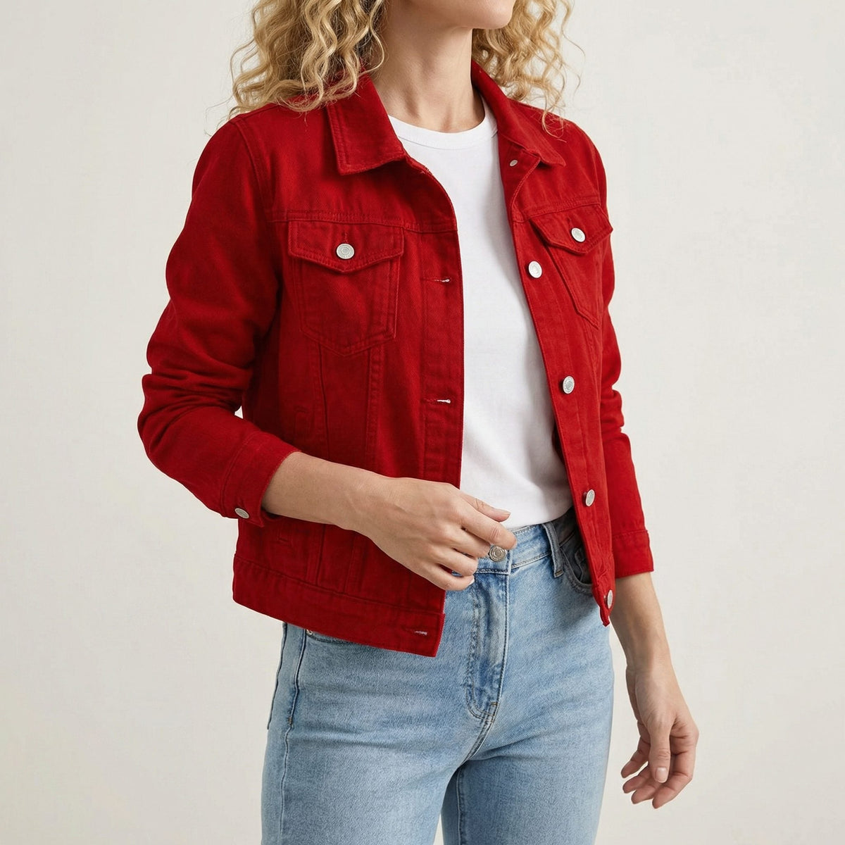 Women's Everyday Cropped Denim Jacket with Buttoned Chest Pockets - Red