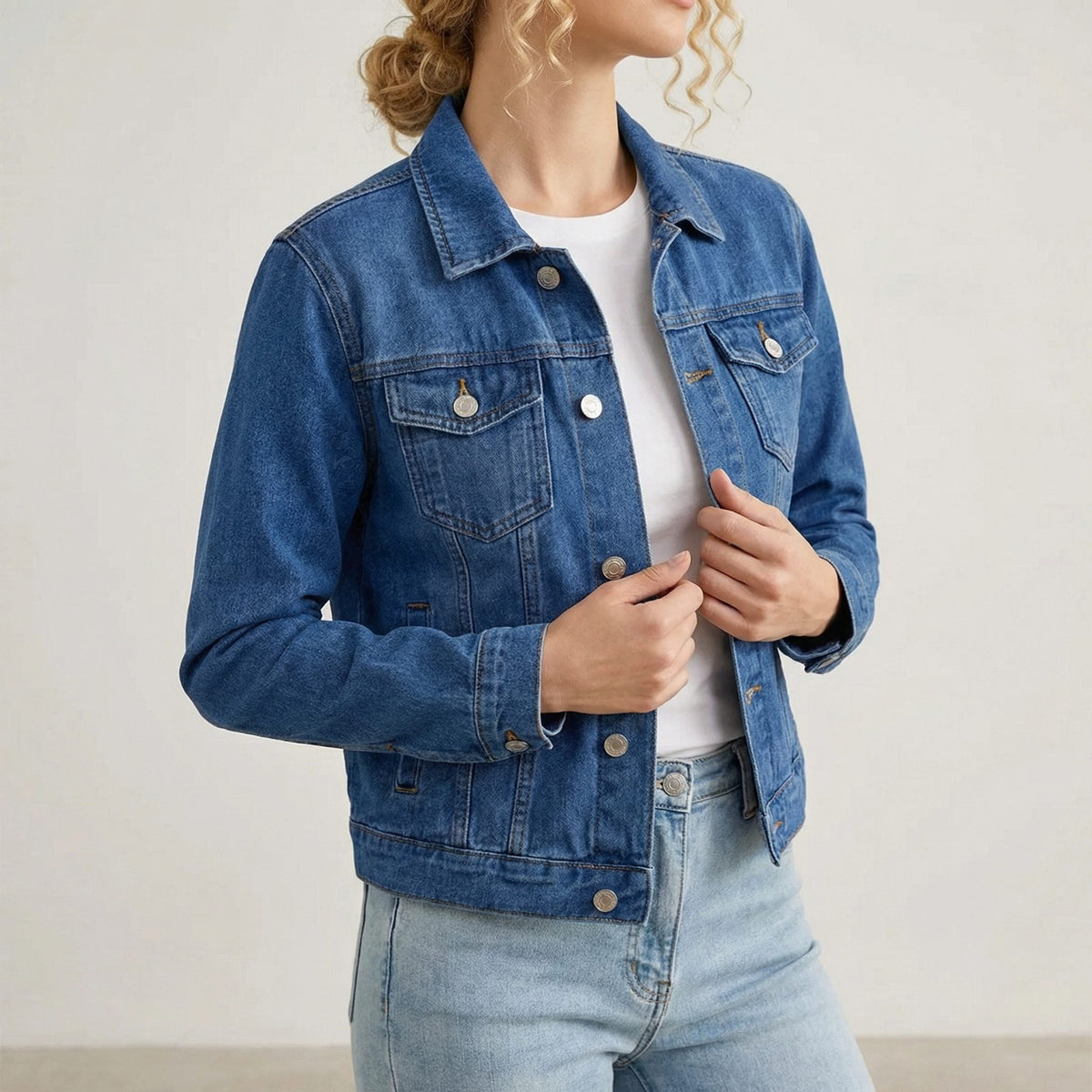 Women's Everyday Cropped Denim Jacket with Buttoned Chest Pockets - Dark Blue