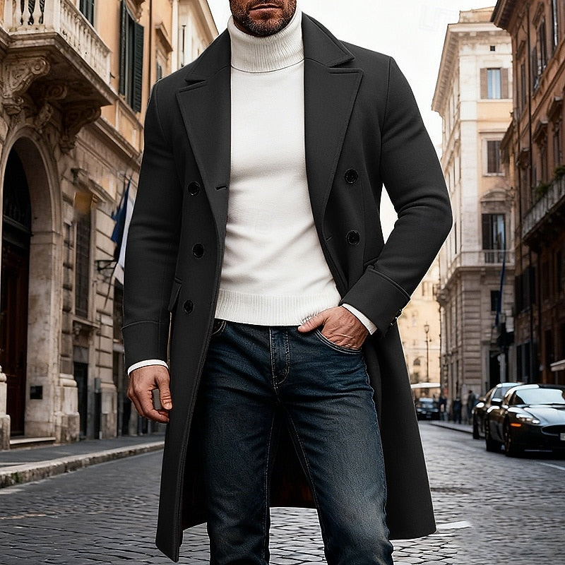 Men's Structured Winter Overcoat in a Long Double-Breasted Cut - Black