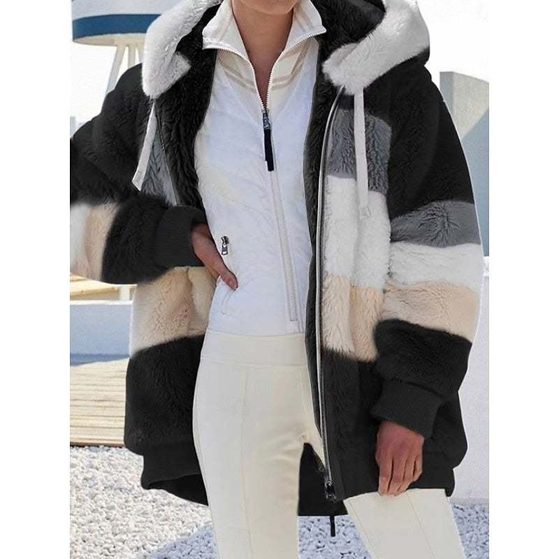 Women's Full-Zip Plush Hooded Jacket in a Roomy Cut - Black