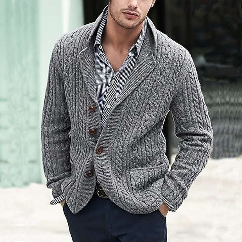 Men's Regular-Fit Lapel Cardigan in Breathable Cable Knit - Grey