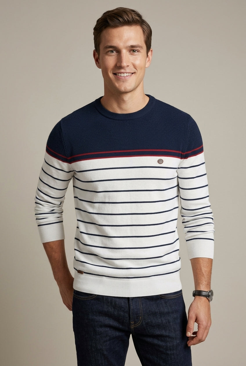 Men's Casual Striped Knit Jumper with Round Neck