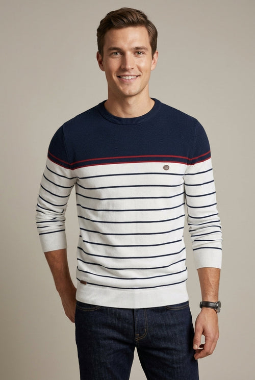 Men's Casual Striped Knit Jumper with Round Neck