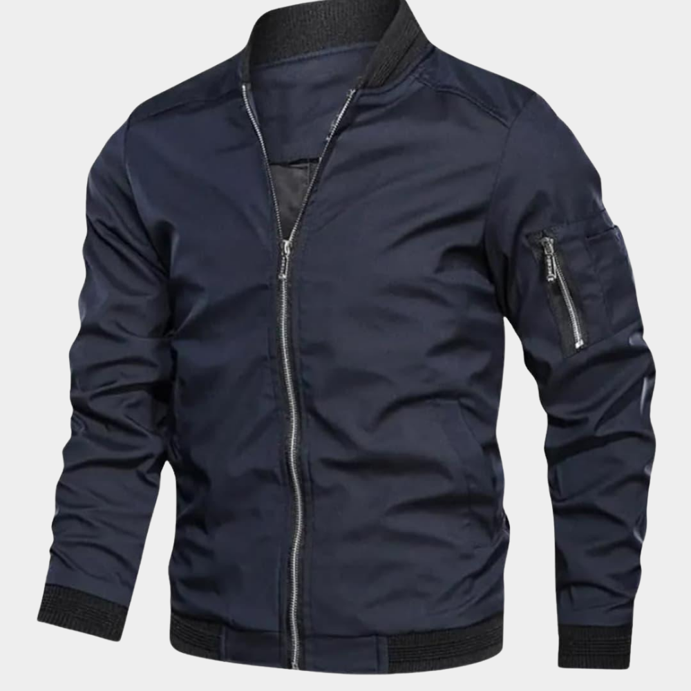 Men's Lightweight Ribbed-Hem Bomber for Mild Autumn Days - Navy Blue