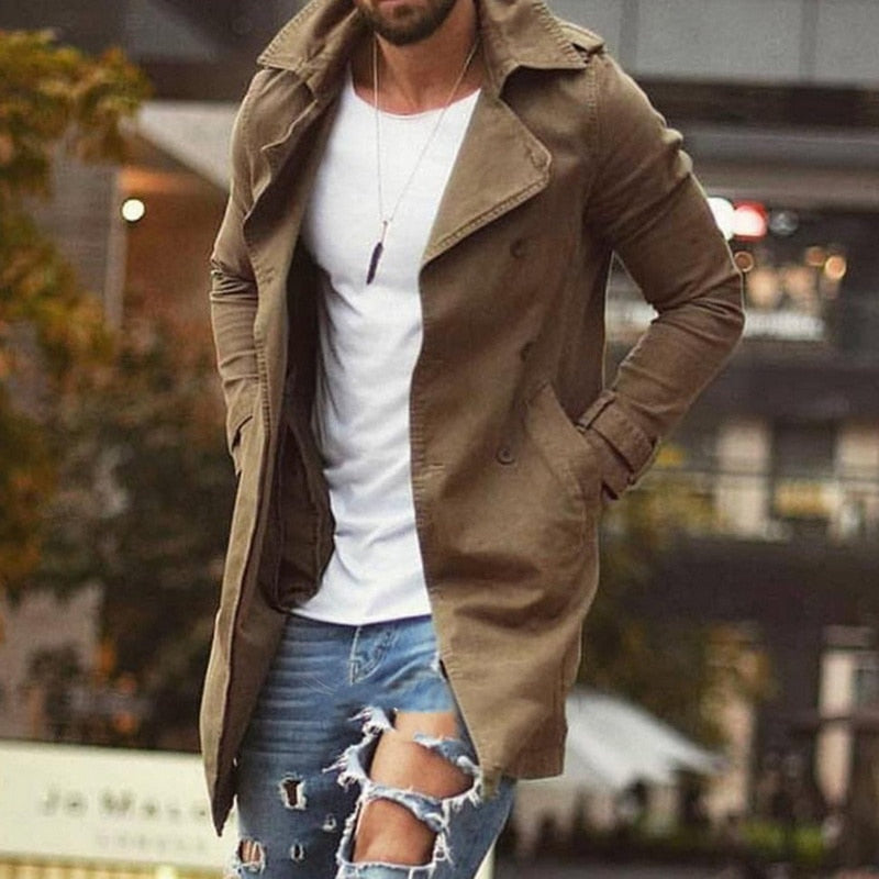 Men's Classic Wide-Lapel Mac Coat in a Slim Mid-Length Cut - Brown