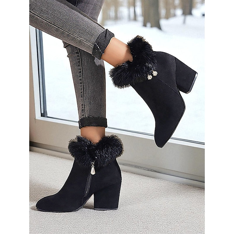 Women's Plush-Collar Pointed-Toe Boots with Side Zip