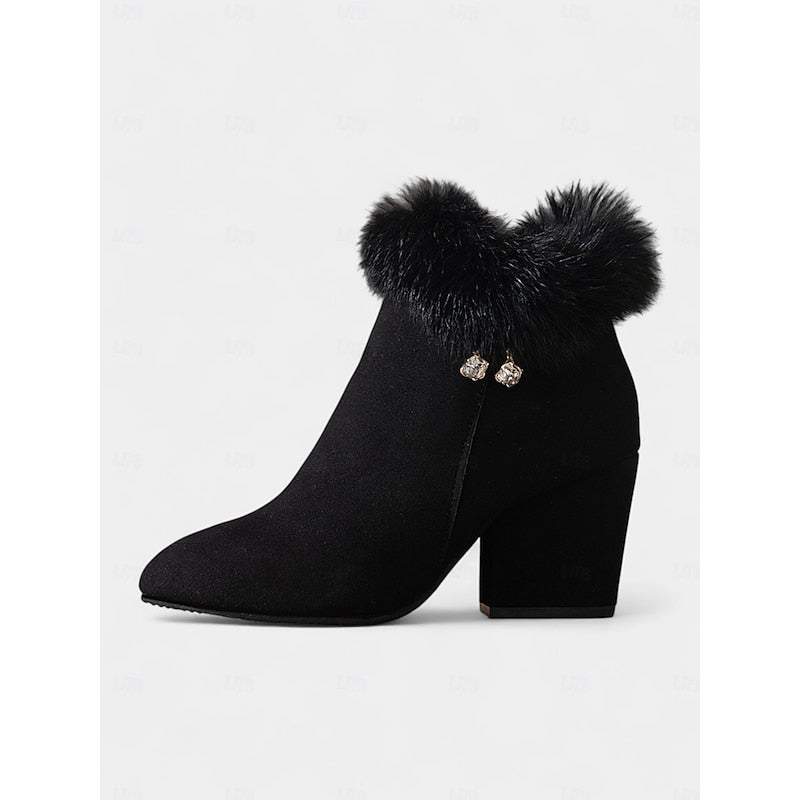 Women's Plush-Collar Pointed-Toe Boots with Side Zip
